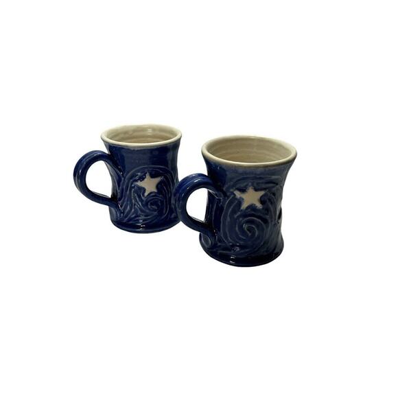 Handmade Art Ceramic Pottery Pair Of Sun And Moon Mugs Blue And White 2 Cups - Picture 7 of 13